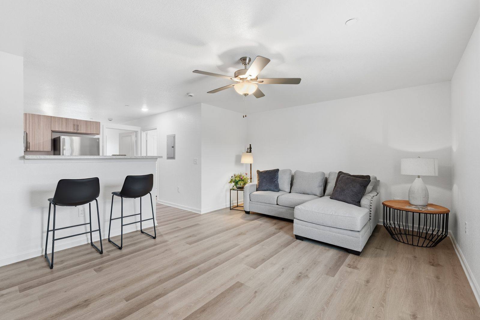 Living room with bar seating into the kitchen